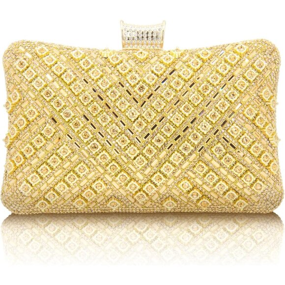 ⚡Women's Evening Sparkly Shoulder Crystal Clutch Bridal Party Wedding Gold Bag - Picture 1 of 7